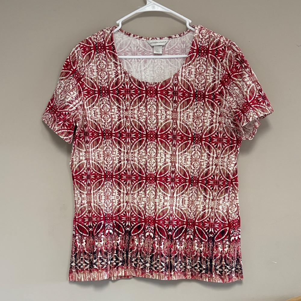 Christopher & Banks Red and White Geometric Short Sleeve Top